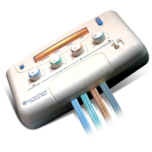 En ultratone maskin vises i nærbilde mot en lys bakgrunn.