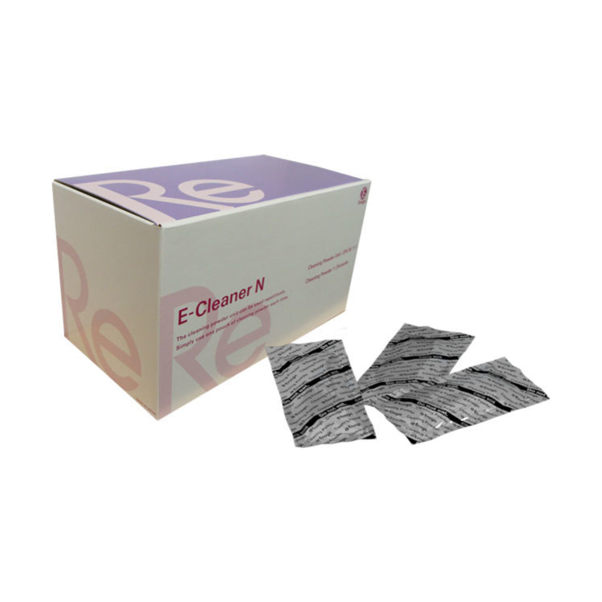 E-Cleaner i forpakning, med tre innpakkede produkter liggende foran